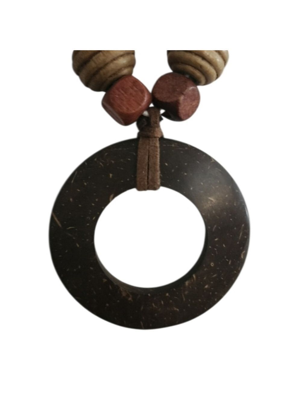 Wooden Beaded Necklace Brown Pendant